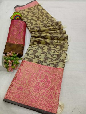 SARIMANIA Woven, Self Design Kanjivaram Cotton Silk, Pure Silk Saree(Cream)