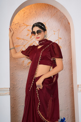 Online Bazaaar Embellished, Solid/Plain Bollywood Chiffon, Pure Silk Saree(Maroon)