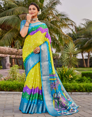 Samah Printed, Digital Print Bandhani Silk Blend Saree(Yellow)