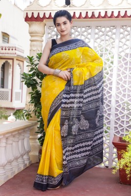 DASTKARPRINT Printed, Color Block, Blocked Printed, Floral Print, Dyed Daily Wear Pure Cotton Saree(Yellow)