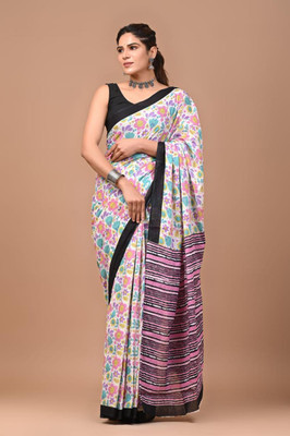 Om Traders Printed Saree with Attached Blouse Cotton Silk Saree(Multicolor)