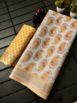 Gajal Digital Print Bollywood Linen, Cotton Linen Saree(Yellow)