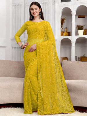 NexxaFashion Self Design Bollywood Net Saree(Yellow)