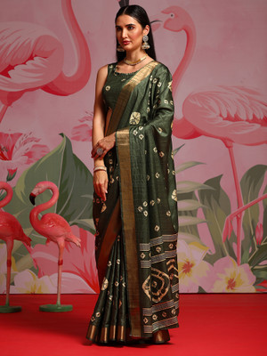 ANOUK Printed Bandhani Silk Blend Saree(Green)
