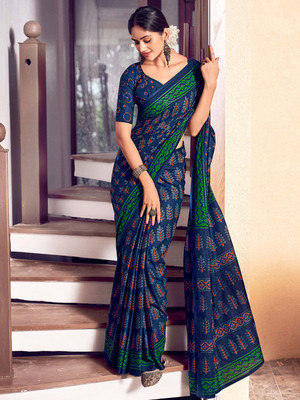 all about you Printed Bollywood Cotton Blend Saree(Blue)