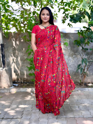 DAZLIO Printed Kalamkari Georgette Saree(Multicolor)