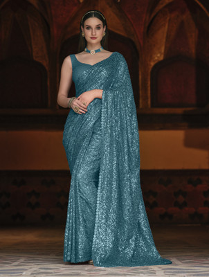 DIVINE INTERNATIONAL TRADING CO Embroidered, Embellished Bollywood Georgette Saree(Light Blue)