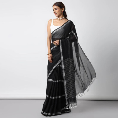 Maa laxmi saree center Embroidered Tant Pure Cotton Saree(Black)