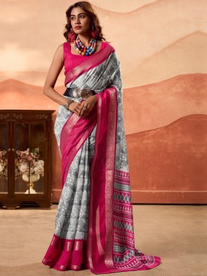 Chudiya Geometric Print Daily Wear Cotton Linen Saree(Pink, Grey)