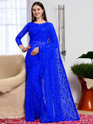 Nexxafashions Self Design Bollywood Net Saree(Blue)