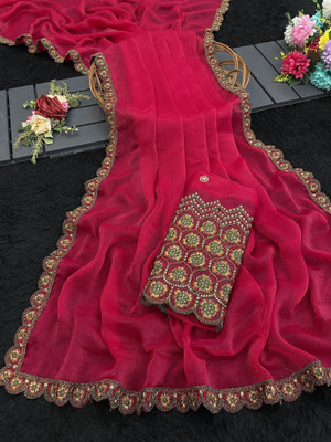 V AMAN FASHION Solid/Plain, Self Design Bollywood Chiffon Saree(Red)