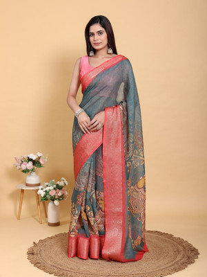 SL F Floral Print, Printed Bollywood Cotton Linen Saree(Multicolor, Pink)
