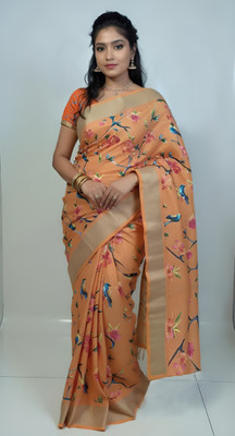 VILLE FASHION Printed Daily Wear Cotton Linen Saree(Orange)