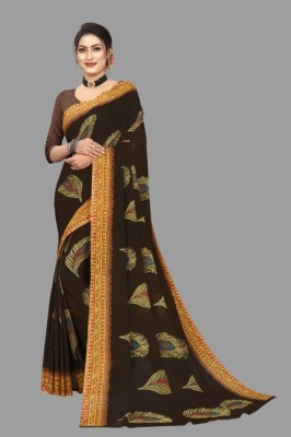 RUNAYA NX Printed Mysore Georgette Saree(Brown)