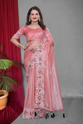 lunexa Solid/Plain, Embroidered Bollywood Net Saree(Red)