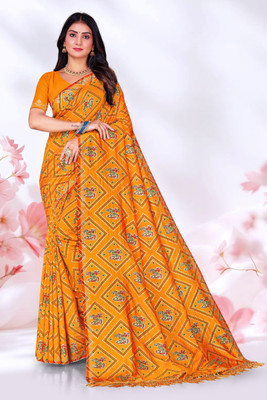 sarees Printed, Geometric Print Bollywood Georgette, Silk Blend Saree(Orange)