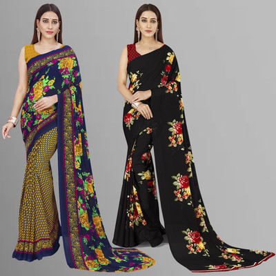 Anand Sarees Floral Print Daily Wear Georgette Saree(Pack of 2, Black, Dark Blue)