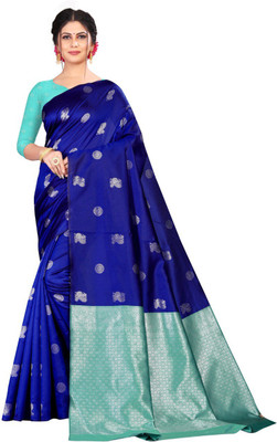 RADHEECN Self Design Banarasi Cotton Silk Saree(Green, Blue)