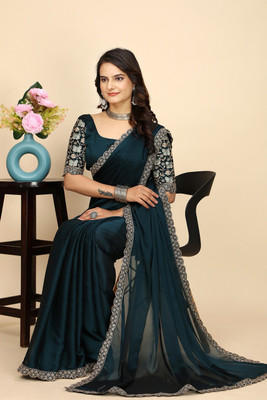 SAADHYA CREATION Embroidered, Solid/Plain Bollywood Chiffon Saree(Dark Blue)