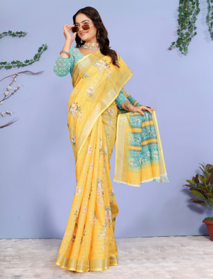 ASHTA Printed Kanjivaram Pure Cotton, Cotton Linen Saree(Yellow)