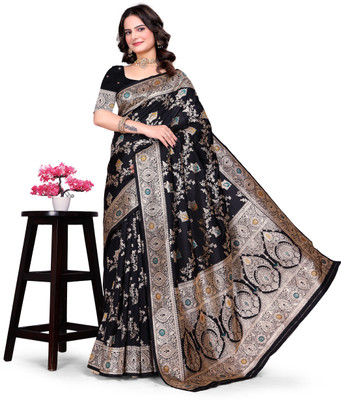 GHODTEXTILE Woven, Self Design, Floral Print, Temple Border Banarasi Pure Silk Saree(Black)