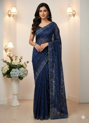 Sudev fashion Self Design Saree with Attached Blouse Net Saree(Blue)