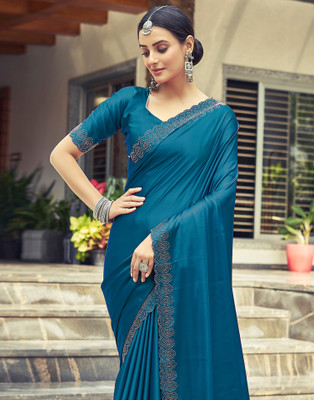 Samah Embellished Bollywood Satin Saree(Dark Blue)