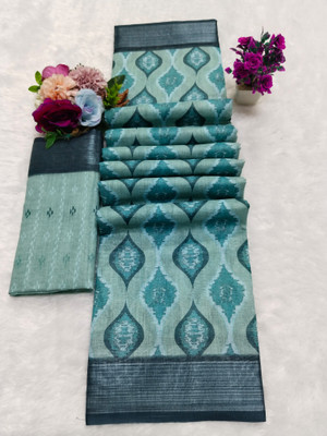 HouseOfCommon Printed Bollywood Linen, Cotton Linen Saree(Light Blue)
