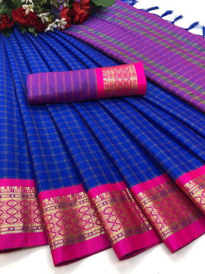 JbWorld Checkered, Woven, Embellished Gadwal Cotton Silk, Pure Silk Saree(Light Blue, Pink)