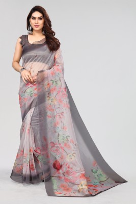 Winza Designer Floral Print, Printed Bollywood Organza Saree(Grey)