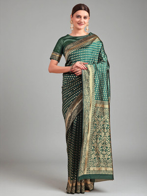 fFASHION Embellished, Solid/Plain, Striped, Temple Border, Floral Print, Dyed, Woven Banarasi Art Silk, Cotton Silk Saree(Green)