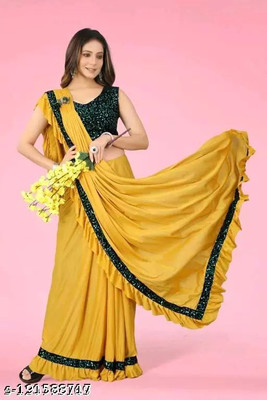PLEXSTAR Self Design, Checkered, Embellished, Solid/Plain Bollywood Lycra Blend Saree(Yellow)
