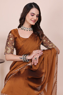 K 5 FASHION Embellished, Solid/Plain Bollywood Georgette Saree(Brown)