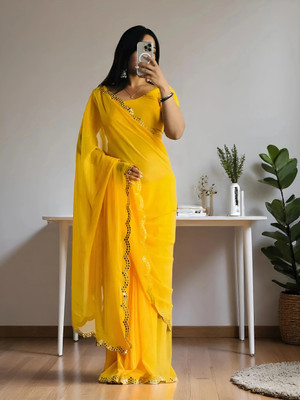 TTH Solid/Plain Bollywood Georgette Saree(Yellow)