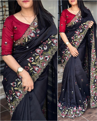 Tasrika Embroidered Bollywood Silk Blend Saree(Black)