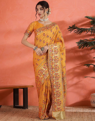 Sangria Woven, Embellished Banarasi Pure Silk Saree(Orange, Gold)