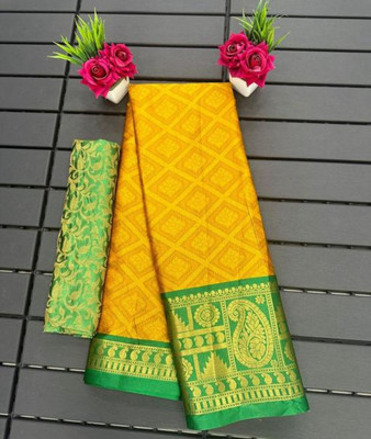 Jbk enterprise Self Design Banarasi Pure Silk Saree(Mustard)