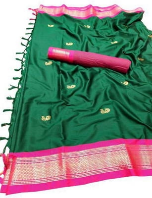 Vishal Creations Solid/Plain Banarasi Cotton Silk Saree(Dark Green)