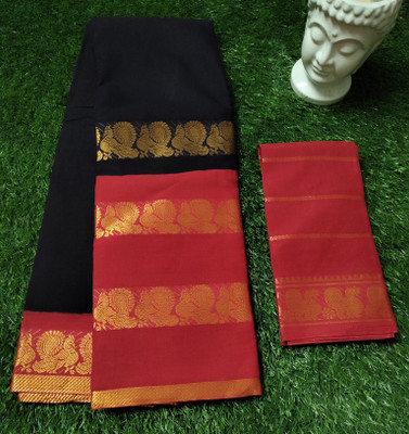 SUBHANKARA ENTERPRISES Solid/Plain Madurai Pure Cotton Saree(Pack of 2, Black, Red)