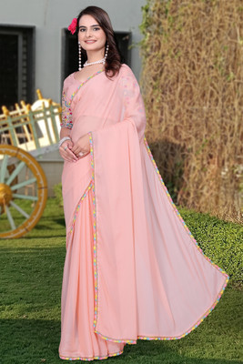 Shatayu Solid/Plain Bollywood Silk Blend Saree(Pink)