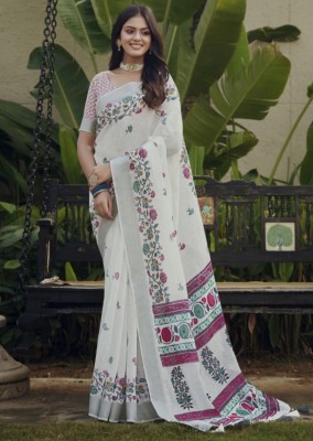 silk sarees Digital Print Bollywood Cotton Linen Saree(White)