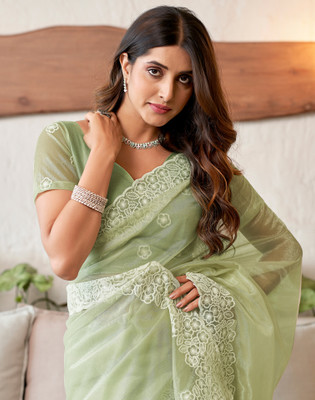 Samah Dyed, Embroidered Bollywood Organza Saree(Green, White)