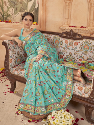 Sariya Woven Banarasi Jacquard, Silk Blend Saree(Light Green)