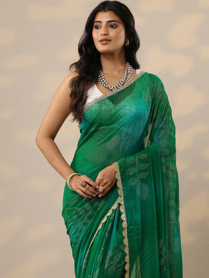 LIBAS Printed Daily Wear Georgette Saree(Green)