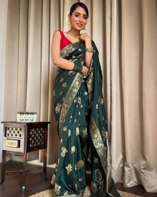 Bansari Textiles Embellished, Applique, Self Design, Woven Banarasi Jacquard, Cotton Silk Saree(Dark Green)