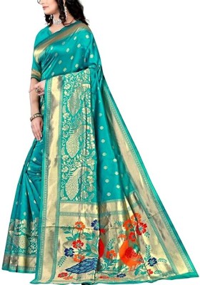 Mangroliya Applique Paithani Silk Blend, Pure Silk Saree(Blue)