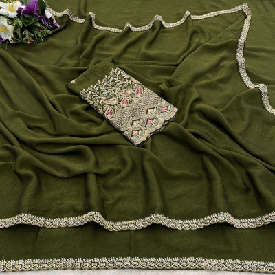 K 5 FASHION Embellished, Solid/Plain Bollywood Chiffon Saree(Light Green)