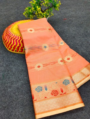 Narayan Textile Woven Banarasi Cotton Blend Saree(Orange)