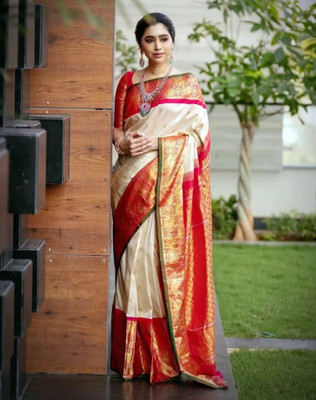 SIRIL Woven Kanjivaram Jacquard, Silk Blend Saree(Red, White)