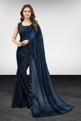 online bazaarr Floral Print Bollywood Lycra Blend Saree(Blue)
